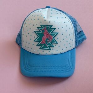 Blue and White Trucker Hat with Pink Rodeo Logo